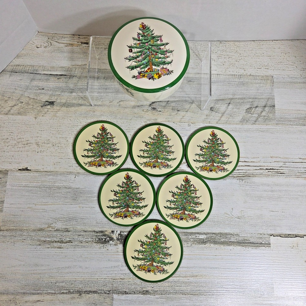 Vintage Spode Christmas Tree Set of 6 Coasters w/ Ceramic Dish Holder England